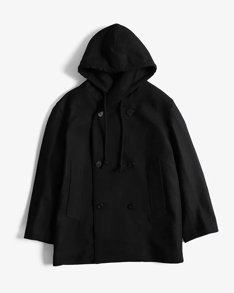 OVERCOAT / Wool Melton Peacoat with Hood / BLACK