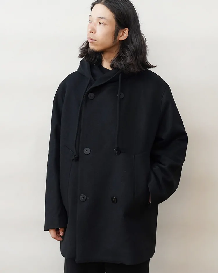 OVERCOAT / Wool Melton Peacoat with Hood / BLACK